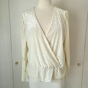 Burnout Velvet Sheer Animal Print Surplice Blouse Top XL Ivory